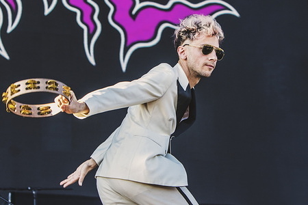 Singer Marlon Magnee of the band Le Femme performs on stage at MadCool festival in Madrid.