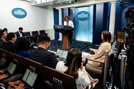 White House Press Secretary Karine Jean-Pierre speaking at a press briefing in the White House Press Briefing Room in Washington, D.C.