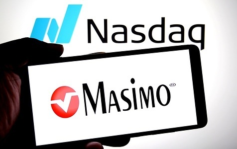 In this photo illustration, the Masimo logo is seen displayed on a smartphone with a Nasdaq logo in the background.