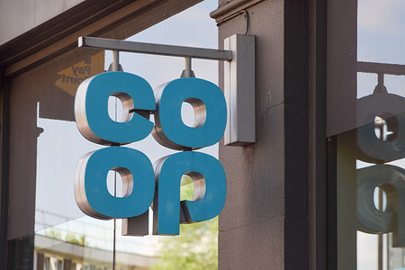 General view of the logo at a Co-op supermarket. The group says that hackers have extracted data related to a large number of its customers. This follows recent cyberattacks on Marks and Spencer as well as Harrods.