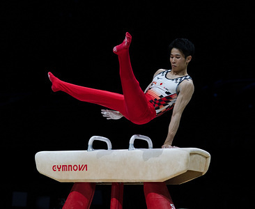 Kazuma Kaya (Japan) in action during Gymnastics World Cup 2019 at Genting Arena Birmingham.