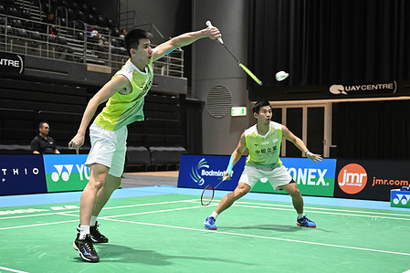 Ye Hong Wei (L) and Su Ching Heng (R) of Chinese Taipei are seen in action during the 2022 SATHIO GROUP Australian Badminton Open Round of 32 Men's Double match against Lee Yang and Wang Chi-Lin of Chinese Taipei. 
Lee and Wang won the match, 22-20, 21-17.