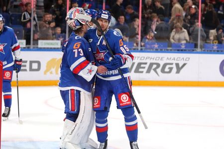 Artemy Pleshkov (73) and Alexei Maklyukov (85) of SKA Hockey Club seen in action during the Hockey match, Kontinental Hockey League 2026/2027 between SKA Saint Petersburg and Severstal Cherepovets at the SKA Arena. (Final score; SKA Saint Petersburg 2:5 Severstal Cherepovets).