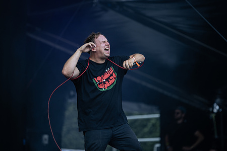 Sam Sprent, lead singer of the British-french rock band Pamela, performs live on stage at the Rock en Seine music festival at the Domaine National Parc de Saint-Cloud, in Paris.