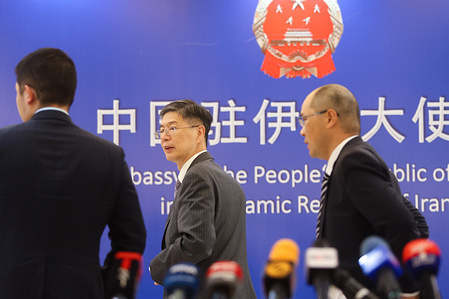 Cong Peiwu, Chinese Ambassador to Iran, speaks during a press conference at the Chinese Embassy in Tehran