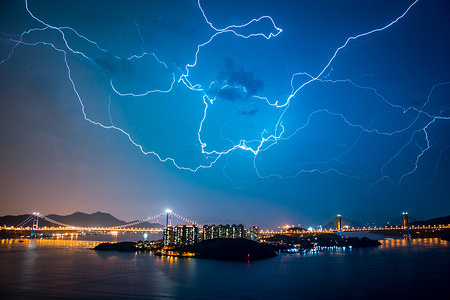 Lightning storm over Tsing Ma Bridge in Hong Kong.
