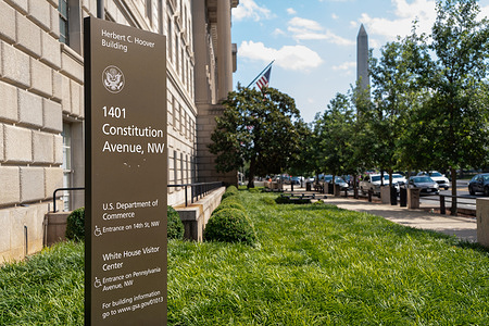 A sign for the U.S. Department of Commerce is seen in Washington.