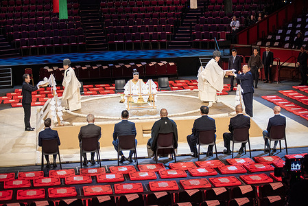 The priests give empty tokkuris (ritual bottles) to the members of the sumo association during the ceremony at the Royal Albert Hall. The Grand Sumo Tournament will take place at the Royal Albert Hall between 15 - 19 October. The tournament marks only the second time that Japan’s iconic sport has visited the UK following on from the previous event in 1991.