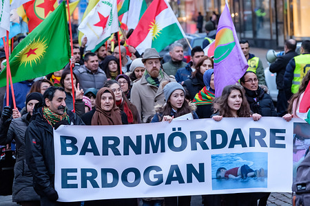 A banner seen being displayed during the demonstration.
More than thousand people demonstrated in solidarity with the city of Afrin and the kurdish fighters in Syria. They condemned the attacks of turkish military forces on kurdish fighters, fighting positions, civilians and cities in northern of Syria.