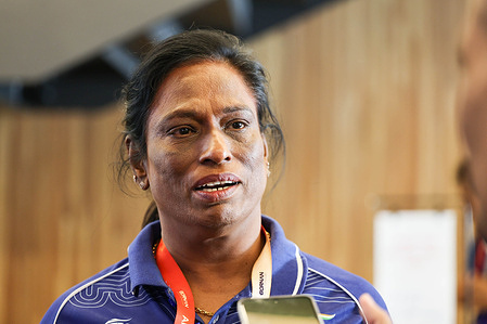 President of the Indian Olympic Association and former Olympian P. T. Usha speaks to Doordarshan, Press Trust of India (PTI) and other news agencies during his official visit to the shooting gallery at the 20th Asian Games Aichi-Nagoya 2026 in Aichi Prefecture.