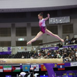 Han Yon Mi of North Korea seen in action during the 20th Asian Games Aichi-Nagoya 2026 Women’s Artistic Gymnastics Team final at Nagoya City Mizuho Park Athletic Stadium.
