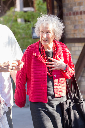 Margaret Atwood arrives at the walrus talks the future at evergreen brickworks in Toronto.