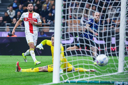 Federico Dimarco of FC Internazionale scores a goal during Serie A 2025/26 football match between FC Internazionale and Genoa CFC at San Siro Stadium in Milan Final score; Inter 2:0 Genoa.