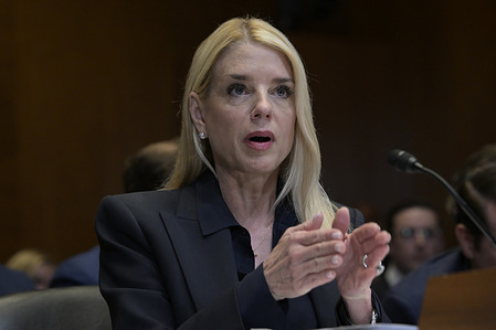 US Department of Justice Attorney General Pamela Bondi testifies before Senate on Appropriations, Justice, Science, and Related Agencies Committee about to examine proposed budget estimates for fiscal year 2026 for the Department of Justice during a hearing, at Dirksen Senate/Capitol Hill in Washington.