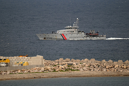 A view of the customs coast guard cruiser Jean-François Deniau (DF P3) travelling in Marseille. Customs coast guard cruiser Jean-François Deniau (DF P3) in Marseille, France.