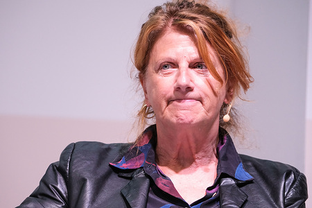 Italian actress Angela Finocchiaro attends an event during the opening day of the Turin International Book Fair at Lingotto Fiere.
