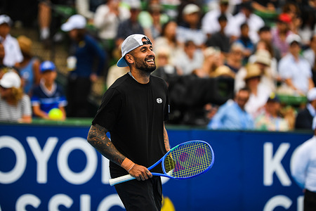 Nick Kyrgios (AUS) is seen in action during the tennis match with Zhizen Zhang (CHN) at Kooyong Classic Tennis Tournament. Nick Kyrgios won in three sets with a score 6-3 4-6 11-9
