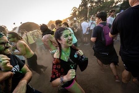 Festivalgoers form a mosh pit during the Lambrini Girls’ performance on the opening day of the Vilar de Mouros Festival.