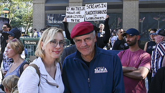 (L-R) Nancy Regula and Republican New York City mayoral candidate Curtis Sliwa attend the Animal Rights March NYC 2025 pre march rally on Broadway at 23rd Street.