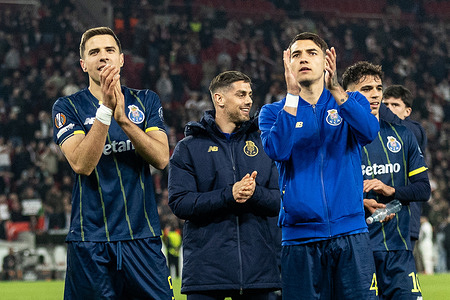 Jan Bednarek of FC Porto (L) and Jakub Kiwior of FC Porto (R) seen during the UEFA Europa League 2025/2026 match between VfB Stuttgart - FC Porto at Arena Stuttgart.Final score; VfB Stuttgart 1:2 FC Porto.