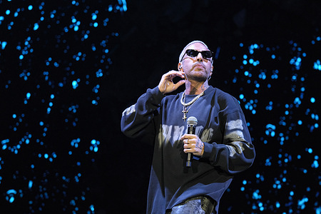 Italian rapper Luchè performs live during his "Arena Tour 25-26" at the Inalpi Arena in Turin, Italy, on March 21, 2026.