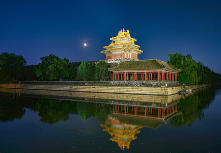 Nightscape of the Turret of Palace Museum also known as the Forbidden City reflected in the lake waters in Beijing.