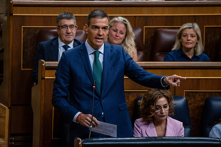 Pedro Sánchez, President of the Government of Spain attends during the plenary session of the Congress of Deputies.
