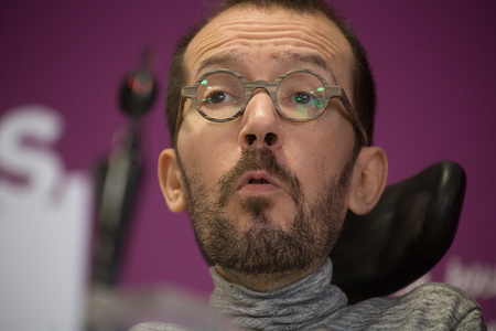 Pablo Echenique Roba speaks during a press conference of the 'Podemos' political party ahead of municipal elections.