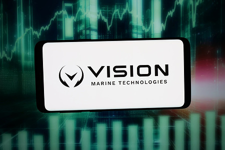 In this photo illustration, the US company Vision Marine Technologies Inc. logo is seen displayed on a smartphone in front of abstract background on computer screen.