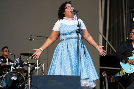 Singer Marisol "La Marisoul" Hernandez of the group La Santa Cecilia performs during the Hispanidad Festival 2026 concert at the Plaza de España in Madrid.