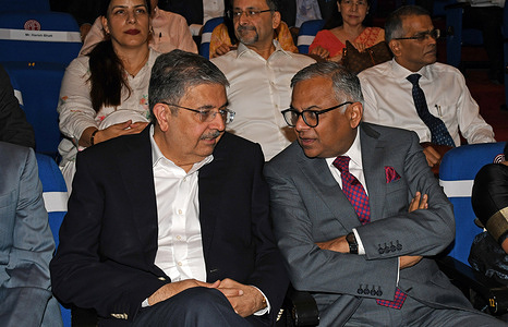L-R Uday Kotak, Founder and Director Kotak Mahindra Bank seen with N. Chandrasekaran, Chairman Tata Sons before the launch of 'The Great Revival' a book on the comeback story of CG Power at NCPA. The book documents the extraordinary journey of vision, strategic tenacity, and collective spirit that fueled one of the most remarkable corporate turnarounds in recent history.
