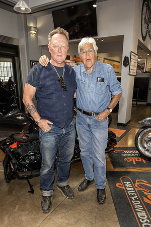 Actor / Honorary Grand Marshal Robert Patrick and Comedian / Grand Marshal Jay Leno attend The Love Ride Foundation's Press Conference presented by Harley-Davidson at Harley-Davidson of Glendale.