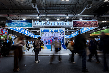 General view of the pavilion of Argentina is seen during the 46th International Tourism Trade Fair FITUR 2026. Madrid, Spain; FITUR is a professional and public trade fair that brings together tourism professionals from around the world and is considered one of the most important events in the industry.