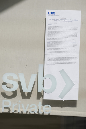 A notice is displayed at the window of a Silicon Valley Bank (SVB) in Pasadena. Signature Bank and Silicon Valley Bank shut down over the weekend. The collapse of Silicon Valley Bank was the second-largest bank failure in U.S. history.