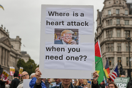 A protester holds a placard expressing his opinion at Parliament Square during the demonstration. The protest, titled "Trump Not Welcome," was organised by the Stop Trump Coalition—an alliance of campaign groups united in opposition to Trump’s policies on climate change, migration, and global human rights.