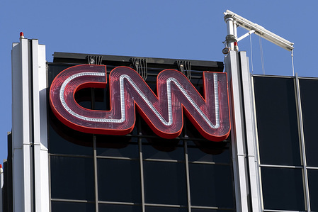 The CNN logo is seen atop its bureau in Los Angeles, California.
