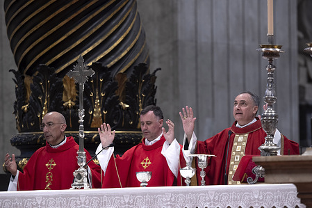 Cardinal Baldassarre Reina, cardinal Rolandas Makrickas and cardinal Mauro Gambetti attend a mass on the fourth day of the "Novendiali," nine days of mourning for late Pope Francis, in St. Peter's basilica at the Vatican The Vatican has begun nine days of mourning for the late Pope Francis, with solemn ceremonies taking place in St. Peter's Basilica. The period, known as novemdiales, marks a tradition of prayer and reflection following the death of a pope, drawing pilgrims and dignitaries from around the world to honor his legacy and leadership.