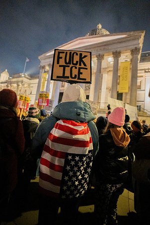 (EDITOR'S NOTE: Image contains profanity)
A protester wearing an American Flag backpack holds up a placard in protest against ICE during a demonstration. Hundreds gathered in Trafalgar Square, London, in solidarity with Minneapolis in a protest against President Trump and the U.S. Immigration and Customs Enforcement (ICE) shootings in the US. The rally organised by Stand Up to Racism also warned against the Reform Party’s leader, Nigel Farage, and his threat to bring ICE-style anti-immigration measures to the UK should he become Prime Minister.
