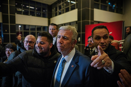 Ankara Metropolitan Municipality Mayor Mansur Yavaş (C) departs after giving his press statement in Ankara. The Republican People's Party (CHP), IYI Party (IYI), Future Party (GP), Felicity Party (SP), Democracy and Progress Party (DEVA), and Democrat Party (DP), which formed the Nation Alliance in the presidential elections, gathered at the Sadeet Party Headquarters to announce their joint presidential candidate CHP Chairman Kemal Kılıçdaroğlu. The general election in Turkey will be held on May 14, 2023.