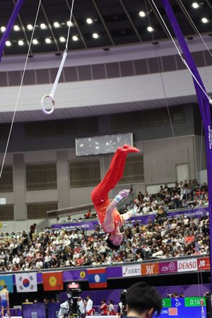 Zou Jingyuan, also known as Zou J, of China, competes on the rings during the Men's Gymnastics Team Final at the 20th Asian Games in Aichi-Nagoya.