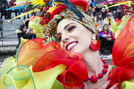 A dancer performs during the carnival.
Carnival parade in Ovar is one of the most well-known carnivals in Portugal, with several revellers and samba groups.
