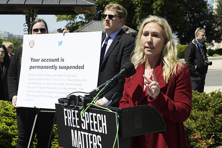 US Representative, Marjorie Taylor Greene (R-GA) speaks about Elon Musk's purchase of Twitter and her vision of Free Speech Online during a press conference at House Triangle/Capitol Hill in Washington.