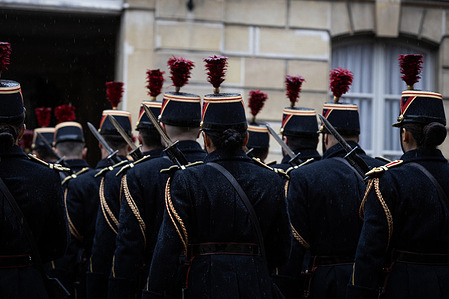 An illustration close-up photo shows the French Republican Guard in the courtyard of the Elysee Presidential Palace during the meeting between the French President Emmanuel Macron and the President of Ukraine Volodymyr Zelensky. France's President Emmanuel Macron met with the President of Ukraine Volodymyr Zelensky at the Elysee Presidential Palace, in Paris, France.