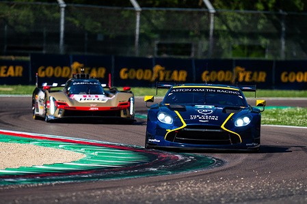 Heart of Racing Team – Aston Martin Vantage AMR LMGT3 #23, driven by Gray Newell (USA), Zacharie Robichon (CAN), and Jonny Adam (GBR), during the free practice 2 of the 6H of Imola at the Autodromo Internazionale Enzo e Dino Ferrari.