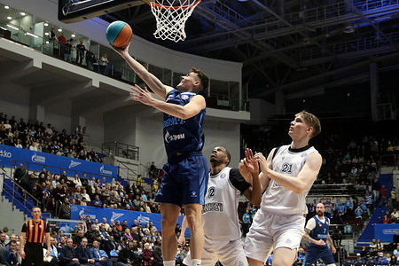 Nenad Dimitrijevic (23) of Zenit, Clifford Matthew Coleman III (2), Egor Vanin (21) of Enisey in action during the VTB United League basketball match, Regular Season, between Zenit Saint Petersburg and Enisey Krasnoyarsk at "kck Arena", in the Saint Petersburg. Final score; Zenit 105:81 Enisey Krasnoyarsk.