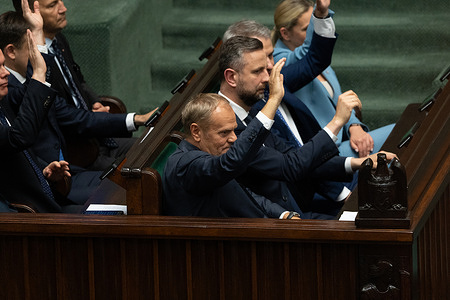 Donald Tusk, Poland's prime minister seen during parliamentary session. During the 36th session of the Polish Sejm, Prime Minister Donald Tusk outlines his government’s program in a policy address followed by a parliamentary debate ahead of the vote of confidence in his administration.