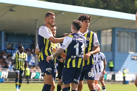 Edin Dzeko (L), Ferdi Kadioglu (2L), Ryan Kent (2R), Yusuf Kocaturk (R) of Fenerbahce in action during the Pari Premier Cup football match between Fenerbahce Istanbul and Neftci Baku at Stadium Smena. Fenerbahce S.K. team won against Neftci Baku PFK with a final score of 1:0.