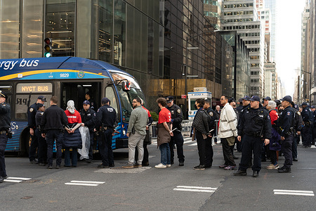 Demostrators from the human rights organization Jewish Voice for Peace are arrested and placed in transports after holding a civil disobedience action inside Trump Tower in New York on March 13, 2025