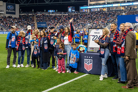 The U.S. women’s national team honored Alex Morgan with a pre-match tribute before its friendly against Portugal in Chester, Pa. The U.S. women’s professional soccer player Alex Morgan recently retired from both club and international play. She co-captained the US national team.