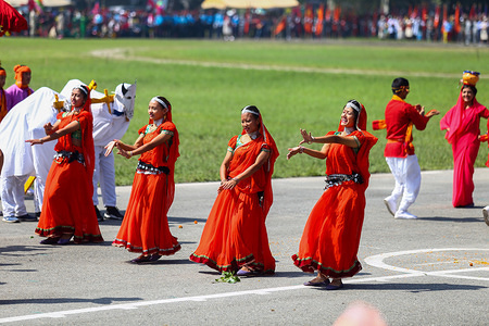 Nepalese dressed in traditional costumes perform during the celebration.
Constitution Day in Nepal was in earlier years held on November 9th to commemorate the 1990 constitution, but in 2015, a new constitution was enacted on September 20th, with the date of celebrations correspondingly being moved.